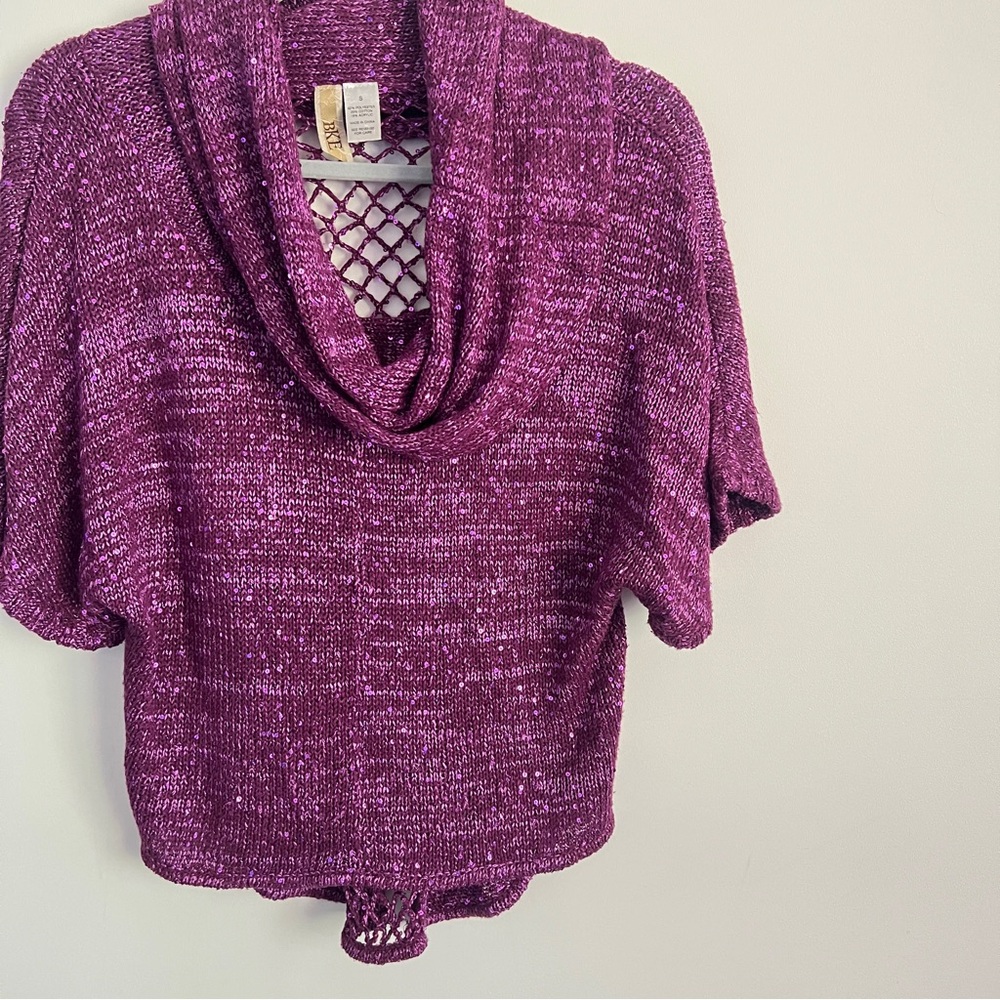 Y2K Purple Sequin Cowl Neck Top Size Small Glam Sequin Top Knit - Picture 2 of 10